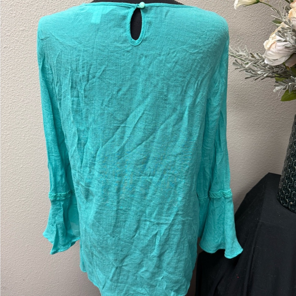 Krazy Kat Teal Crochet Lace Boho Tunic Top Bell Sleeve L - Picture 3 of 8